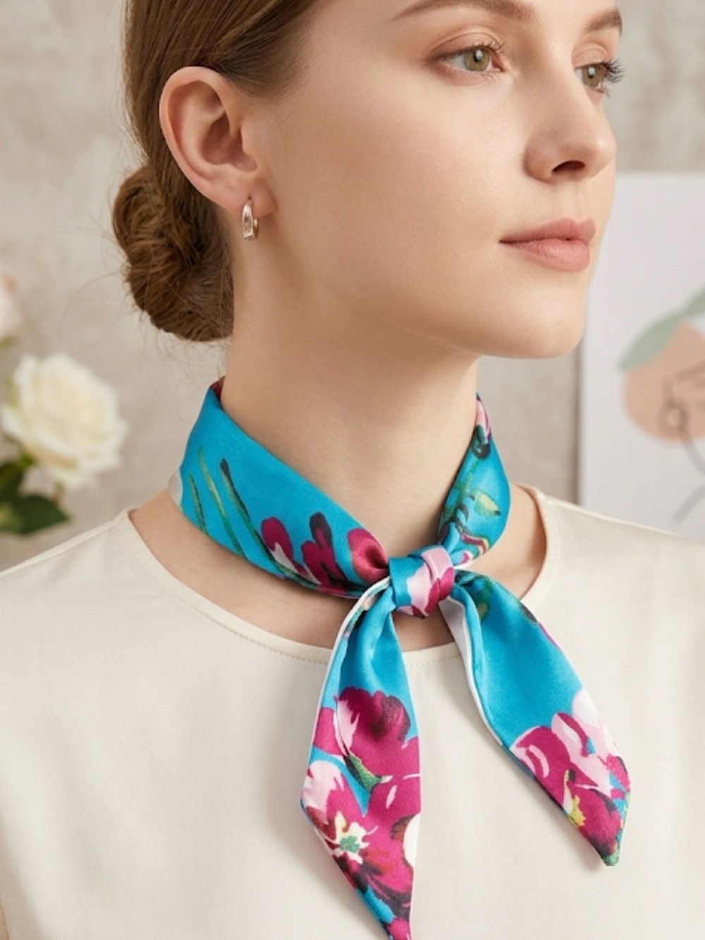 Silk-Feel Floral Print Neck Scarf in Turquoise and Pink